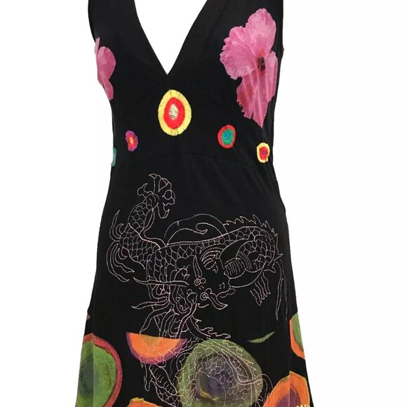 SOLD! DESIGUAL Swing Dress V-neck Floral Rio Flowers Dragons Print Embroidery M - Picture 7 of 13